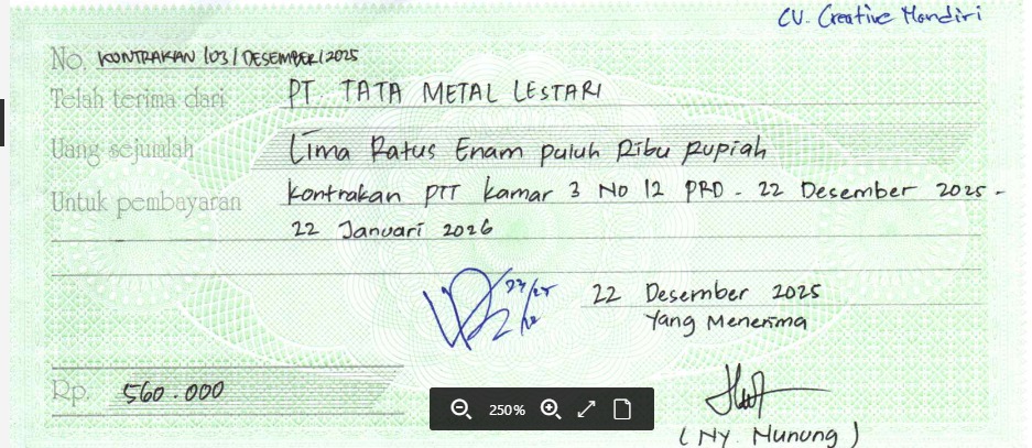 TML - Penyediaan Kontrakan Tukang Kamar 3 Oleh Bu Nunung Periode  22 Desember  2025 - 22 Januari 2026